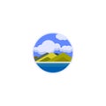 Nature landscape round logo concept. High green hills on river shore on blue sky with clouds background. Isolation flat