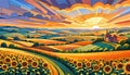 Nature landscape scenic route setting sun yellow sunflower flower crop Royalty Free Stock Photo