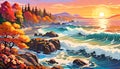 Nature landscape scenic waves breaking rocks seashore sunset