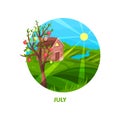 Nature landscape with small house, meadow, apple tree, river and bright sun. Hot July day. Summer season. Flat vector Royalty Free Stock Photo