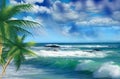 Tropical sea sand blue sea water white clouds sunshine palm tree branch summer landscape summer umbrel