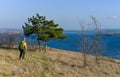 Nature landscape, tourist near Lonely Pine on the shore