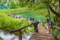 Nature landscape tourists on footbridge. Plitvice Lakes National Park Croatia