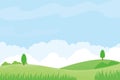 Nature landscape vector illustration with green meadow, trees and blue sky Royalty Free Stock Photo