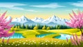 Nature and landscape. Vector illustration of trees, forest, mountains, flowers, plants, field. Picture for background Royalty Free Stock Photo