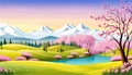 Nature and landscape. Vector illustration of trees, forest, mountains, flowers, plants, field. Picture for background Royalty Free Stock Photo