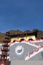 Nature landscape view Heaven Lake of Celestial Mountains and Taoist Heavenly Queen Mother temple in Xinjiang China