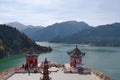 Nature landscape view Heaven Lake of Celestial Mountains and Taoist Heavenly Queen Mother temple in Xinjiang China