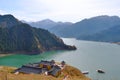 Nature landscape view Heaven Lake of Celestial Mountains and Taoist Heavenly Queen Mother temple in Xinjiang China