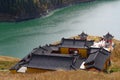 Nature landscape view Heaven Lake of Celestial Mountains and Taoist Heavenly Queen Mother temple in Xinjiang China