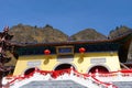 Nature landscape view Heaven Lake of Celestial Mountains and Taoist Heavenly Queen Mother temple in Xinjiang China. Chinese Royalty Free Stock Photo