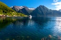 Nature Landscape with View of Norwegian Fjord and Snowy Mountains in Summer