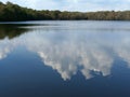 Landscape wide lake or pond with green trees clouds reflected in blue water Royalty Free Stock Photo