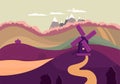 Nature landscape with windmill, agricultural fields, montains Royalty Free Stock Photo