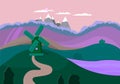 Nature landscape with windmill, agricultural fields, montains Royalty Free Stock Photo