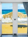 Nature landscape through a window with curtains Royalty Free Stock Photo