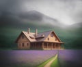 Nature landscape wood house lavender field foggy mountain