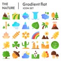 Nature landscapes flat icon set, plants symbols collection, vector sketches, logo illustrations, world environment signs