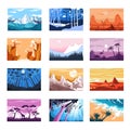 Nature landscapes isolated icons, mountains and beach, sunset and night