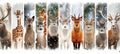 Nature landscapes and wildlife collage with white vertical lines in bright white style