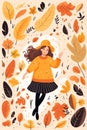 Nature leaf fall character happy autum meditating active cartoon cute women