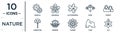 nature linear icon set. includes thin line wedelia, alstroemeria, forest, sunrise, cave, lily, carnation icons for report,