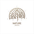 Nature logo of forest, sunny rays. Linear icon of landscape, sunrise. Vector emblem of trees with sun, badge for a Royalty Free Stock Photo