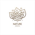 Nature logo of forest, sunny rays. Linear icon of landscape, trees and plants. Vector emblem of trees with sun, badge