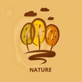 Nature logo. Silhouette three tree and cloud on wood background.