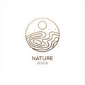 Nature logo template. Linear round icon of landscape with lake, sun, wavy line. Vector simple minimalistic emblem for