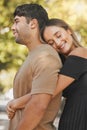 Nature, love and happy woman hugging her husband from behind while on a romantic outdoor date. Happiness, smile and Royalty Free Stock Photo