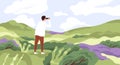 Nature lover flat vector illustration. Man with binoculars enjoying scenic landscape. Searching new horizons, life goals