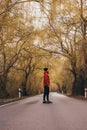 Nature lover walks through a willow alley during autumn days. A gateway to untouched nature. A man walks along a road. Joy of