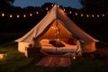 nature travel luxury vacation glamping light tent forest canvas camping. Generative AI.