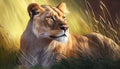 Nature majesty Lion fierce beauty at sunset ,generative AI