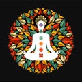 Nature mandala with yoga pose and chakra icons