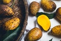 Abstract Green leaf closeup backgroundNature mango In threshing basket On a wooden table and a white cloth