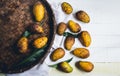 Abstract Green leaf closeup backgroundNature mango In threshing basket On a wooden table and a white cloth Royalty Free Stock Photo