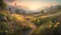 Nature meadow landscape, outdoors, grass, mountain, rural scene, summer sunset generated by AI Royalty Free Stock Photo