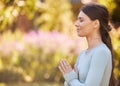 Nature meditation, peace and zen woman doing yoga, pilates or spiritual wellness training, fitness or soul aura healing Royalty Free Stock Photo