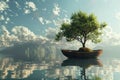 Nature meets adventure boat floats with tree onboard, whimsical scene