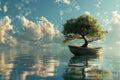 Nature meets adventure boat floats with tree onboard, whimsical scene