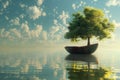 Nature meets adventure boat floats with tree onboard, whimsical scene