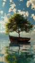 Nature meets adventure boat floats with tree onboard, whimsical scene