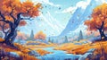 Nature modern cartoon landscape with forests in autumn. Falling leaves from trees and stream near meadow. Orange grass Royalty Free Stock Photo