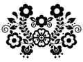 Mexican folk art embroidery style vector pattern with flowers, black and white greeting card pattern inspired by folk art from Mex Royalty Free Stock Photo