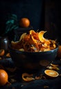 Nature morte with peeled oranges in a bowl on dark background, ai artwork