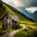 nature mountain landscape green hill meadow tree morning highland autumn sunlight valley alps wilderness house cloud grass forest Royalty Free Stock Photo