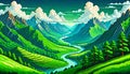 Nature mountain landscape green valley river simple design
