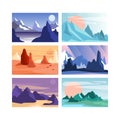 Nature Mountain Scene and Landscape View with Cliff and Summit Silhouette Vector Set Royalty Free Stock Photo